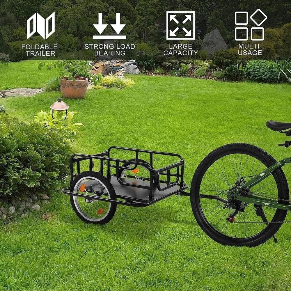 Foldable Bike Cargo Trailer, 60kg Capacity with 16 Inch Wheels, Reflectors, Quick-Release Hitch, Easy Load Storage Cart