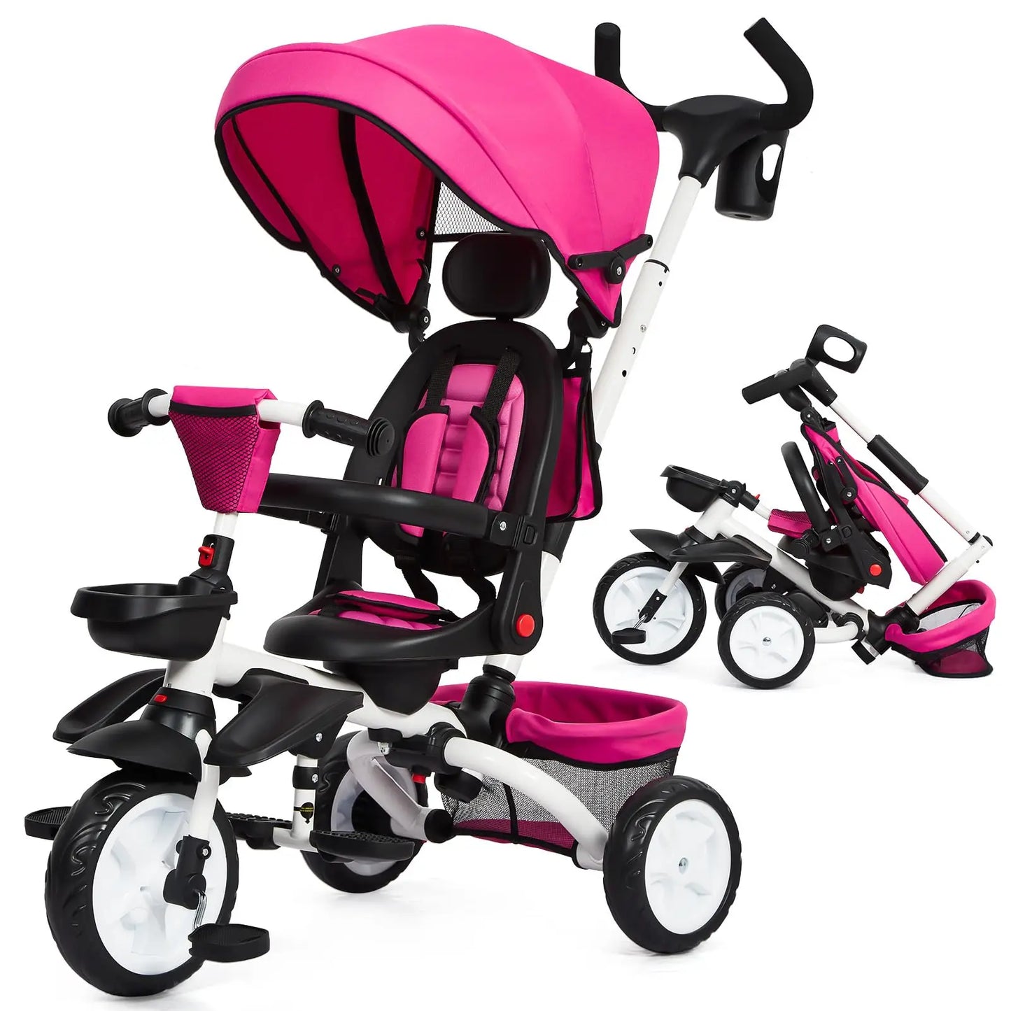 Foldable Baby Tricycle for Kids, 7 in 1 Toddler Tricycle Stroller for 1-5 Year Old, Baby Trike with Safety Harness, Adjustable