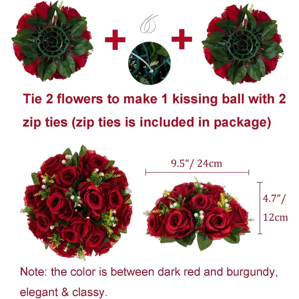 Flower Centerpieces for Tables Wedding: 10 Pcs Crimson Red Artificial Rose Flowers Balls Decoration - Fake Silk Kissing Floral