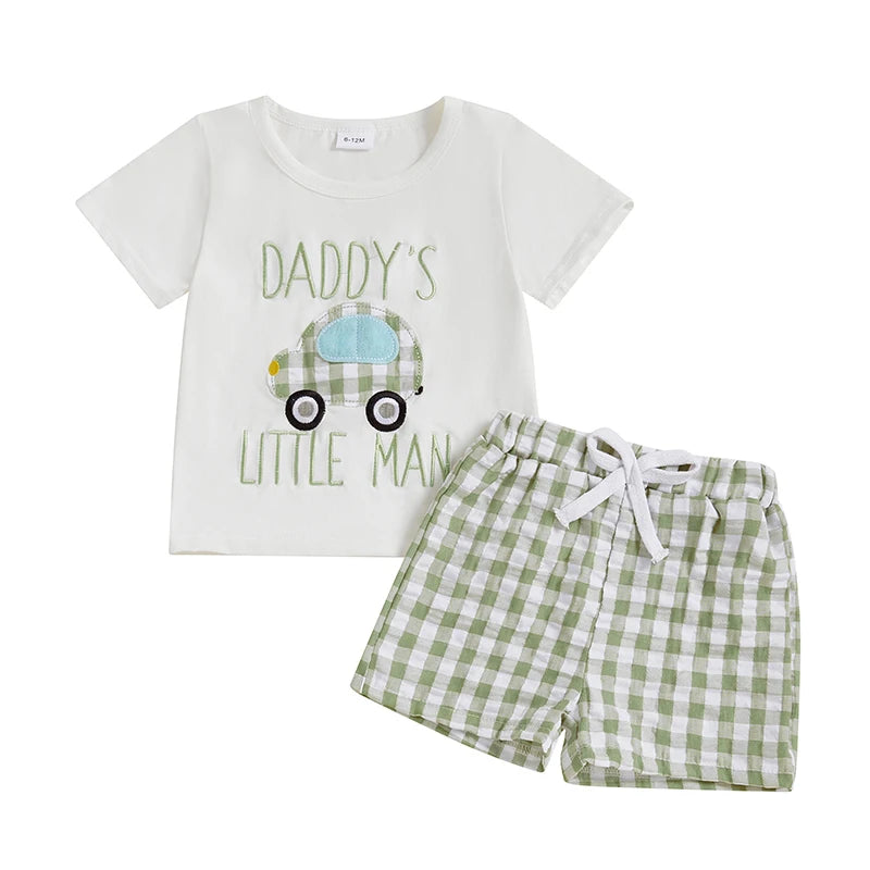 Cute Toddler Boy Summer Clothes Set with Embroidered T-Shirts and Plaid Shorts for a Stylish Look in Hot Weather