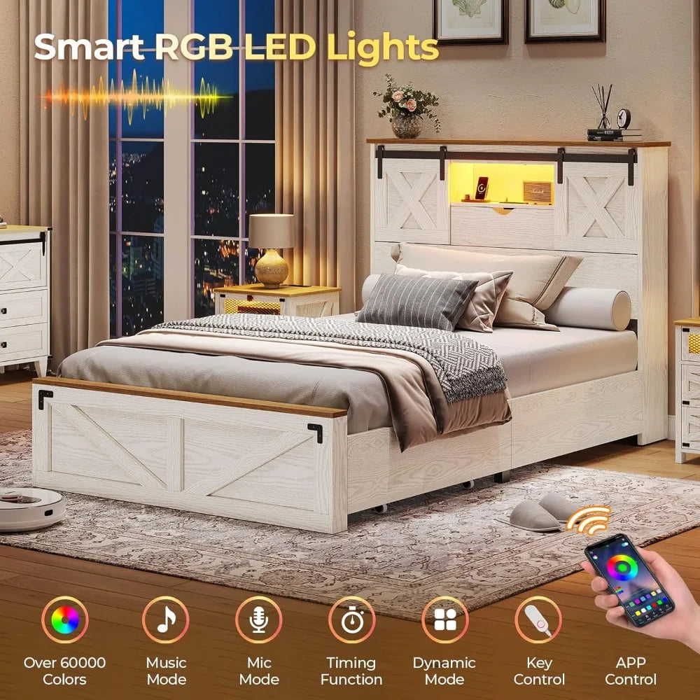Hasuit Farmhouse Bed Frame Twin XL Size with 2 Storage Drawers, Wooden Platform Twin XL Bed with LED Lights and Charging Station