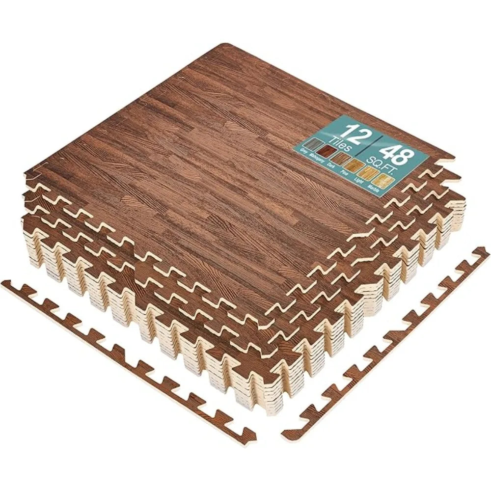 12 Tiles (48 Sq Ft) Wood Grain Floor Tiles Foam Mat, 3/8-Inch Thick Flooring Wood Puzzle Exercise Mats W/Borders, Tiles Foam Mat