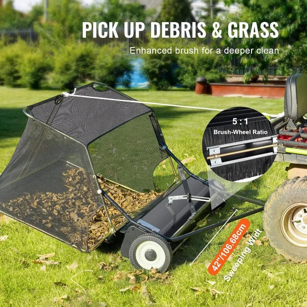 Lawn Sweeper Tow-Behind, 42 in 12 Cu. Ft. Leaf & Grass Collector with Strong Rubber Wheels & Heavy Duty Thickened Steel Frame He