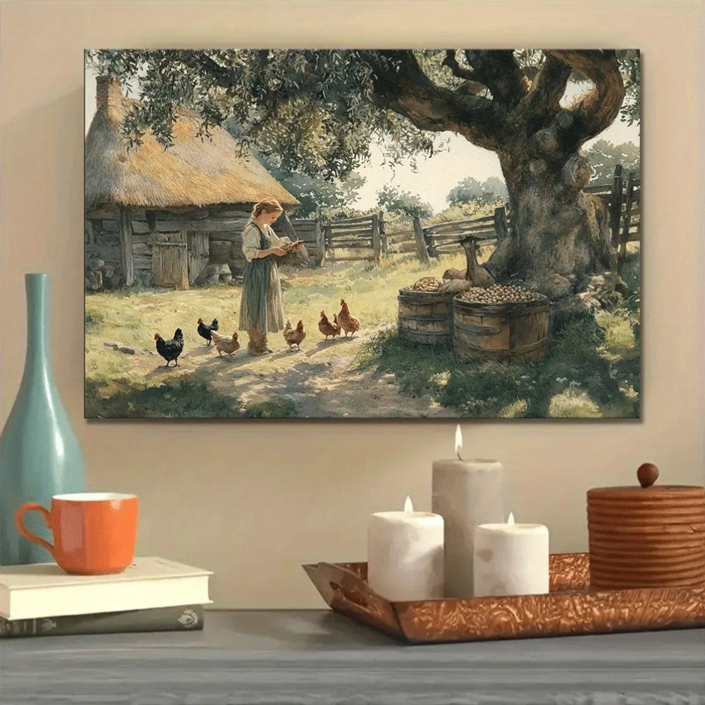 1.5 inch thick pine frame canvas wall art rustic farmhouse chicken scene with peaceful scenery, suitable for interior decoration