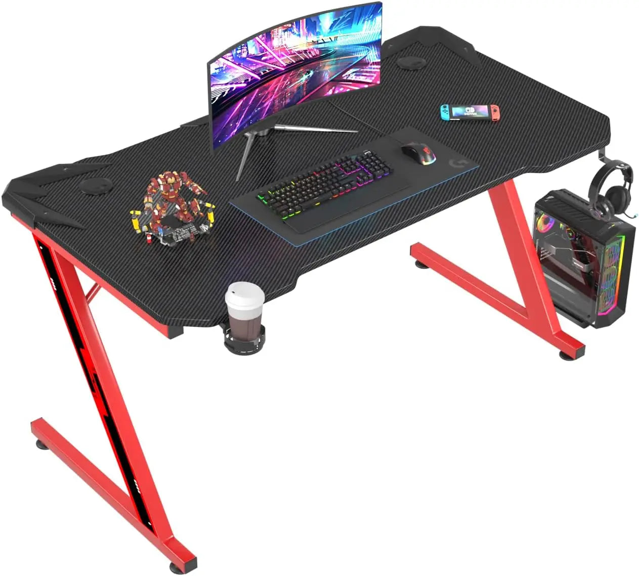 Gaming Computer Desk with Carbon Fiber Surface, Gaming Table Z Shaped PC Home Office with Cup Holder&Headphone Hook