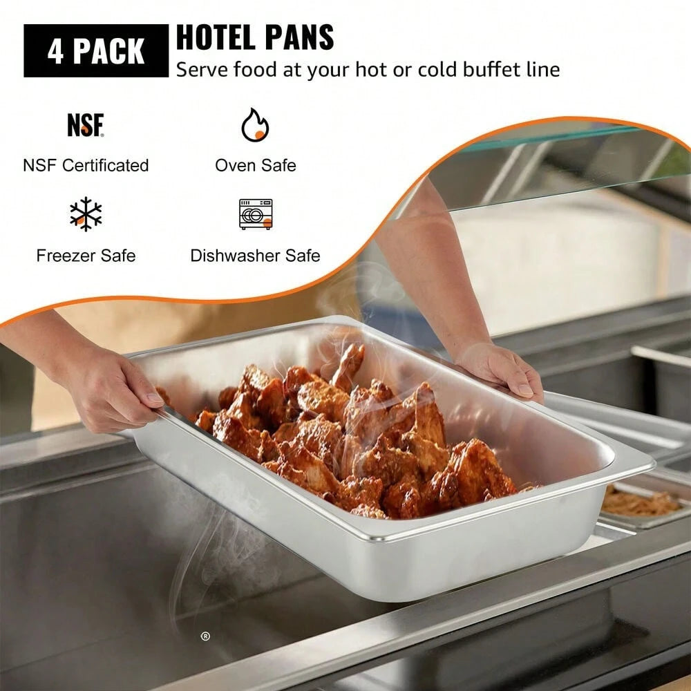 4" Deep Full Size Steam Table Pans w/ Lids 4 Pack Set Hotel Food Buffet