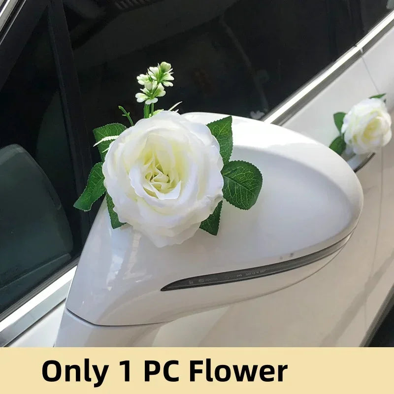 White Rose Artificial Flower for Wedding Car Decoration Bridal Car Decorations Door Handle Ribbons Silk Flower 11pcs Flowers
