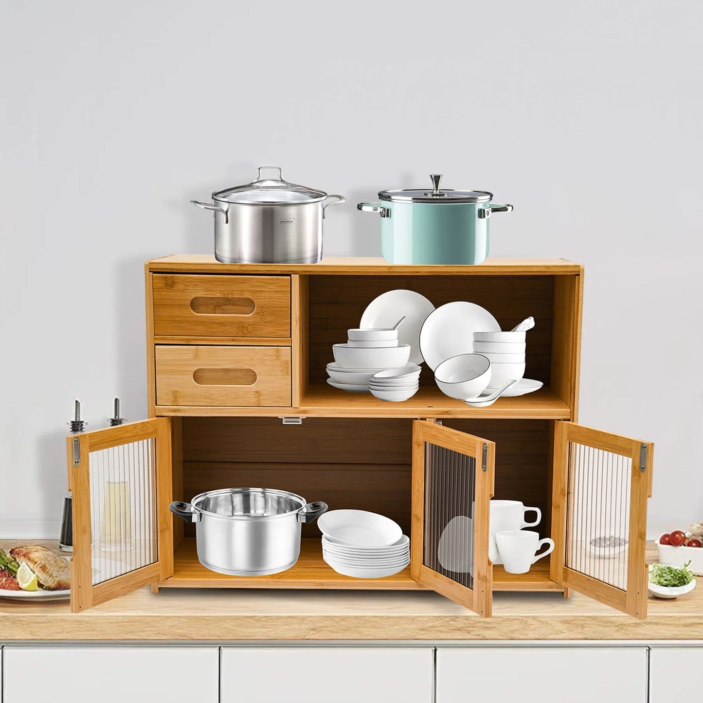 Bymaocar Bamboo Kitchen Utensil Cabinet with Embedded Handle, Compact Countertop Storage Cabinet for Seasoning and Kitchenware