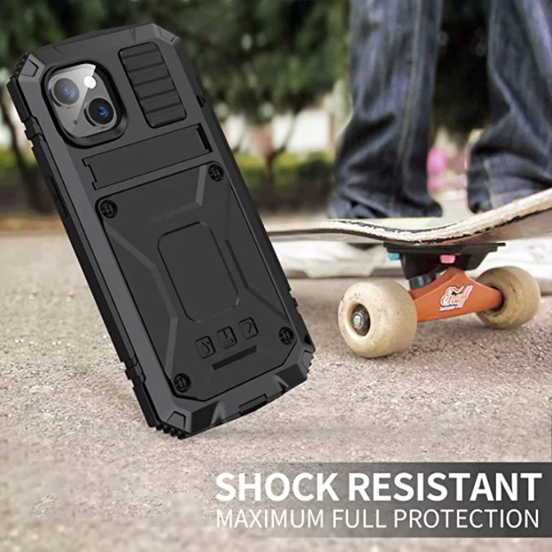 Heavy Duty Armor Military Aluminum Metal Case For iPhone 16 Plus 16 Pro Max Hard Cover Tempered Glass Screen Protector Flim