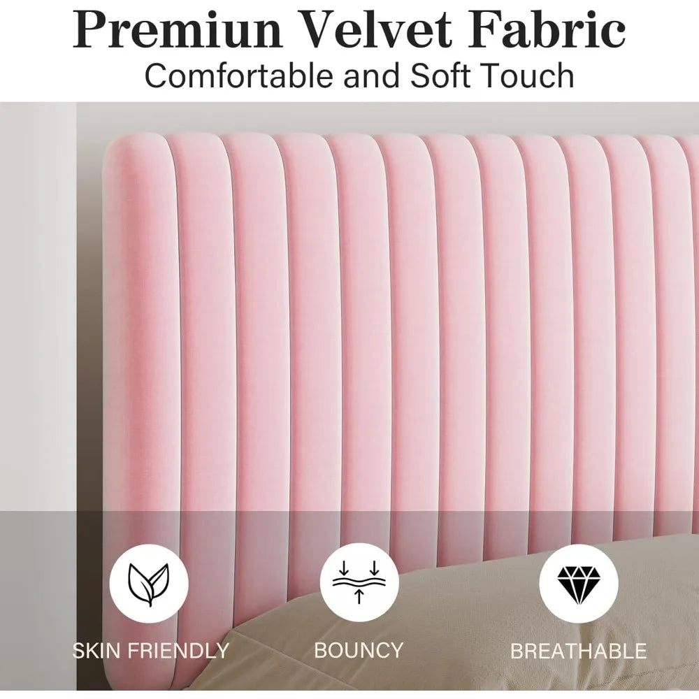 Queen Size Bed Frame with Headboard, Velvet Upholstered Platform Bed with Vertical Channel Tufted Design, No Box Spring Required