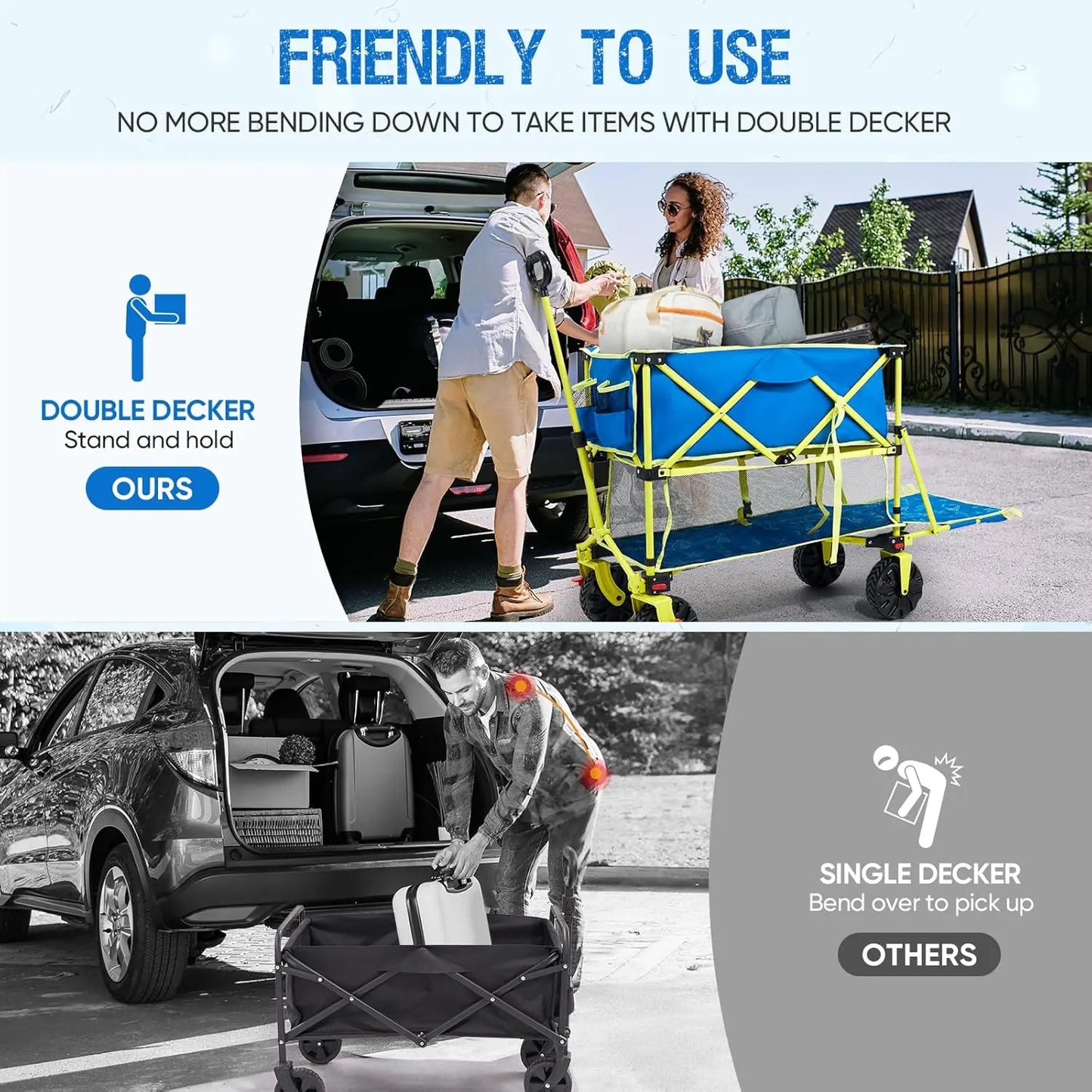 400L Collapsible Double Decker Beach Wagon with Brakes Folding Beach Cart with 54" Extra Long Decker 450LBS Heavy Duty Wagon Cha