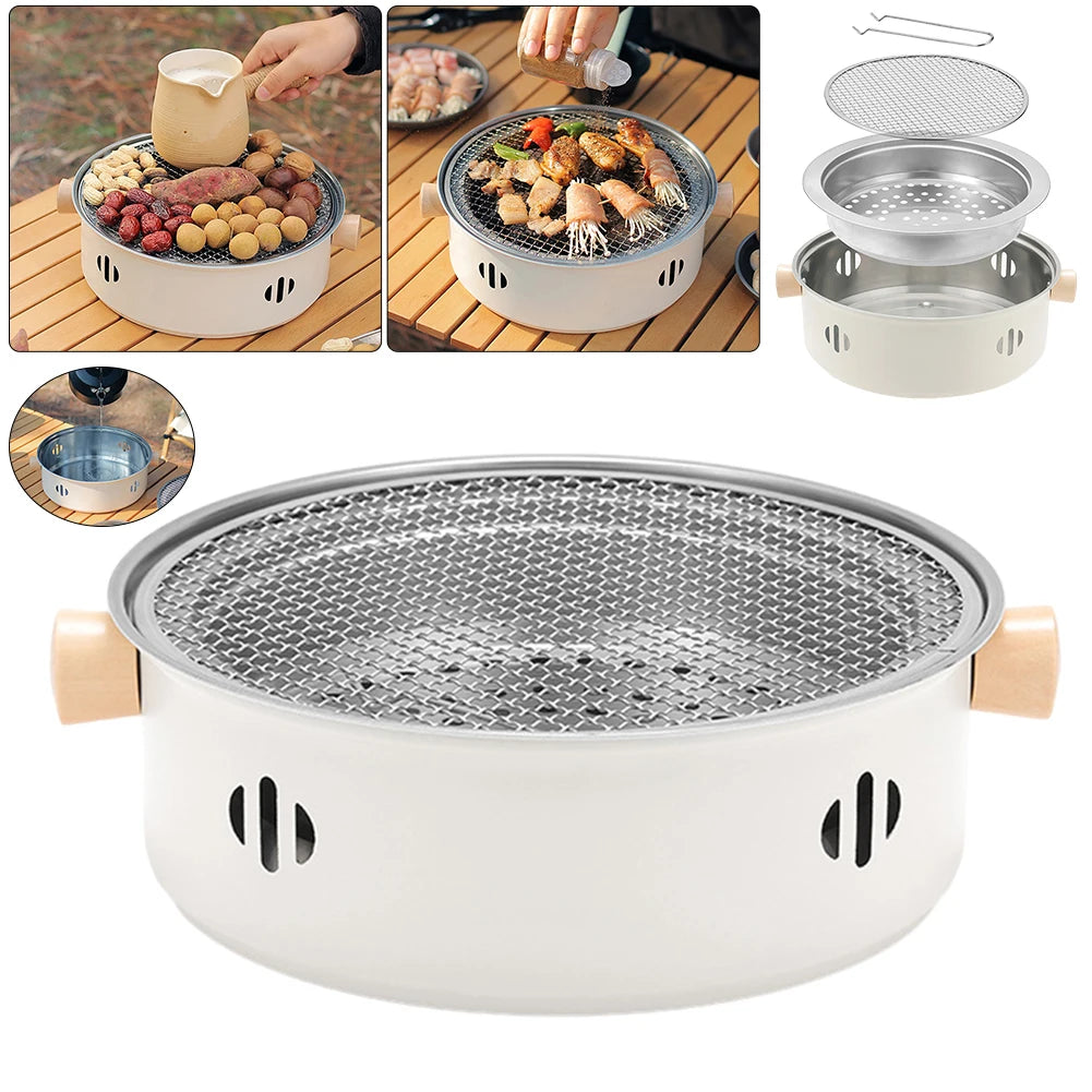 Round Barbecue Grill Portable Charcoal Barbecue Grill with Grill Net Camping Grill Stove Multifunction for Outdoor Garden Patio