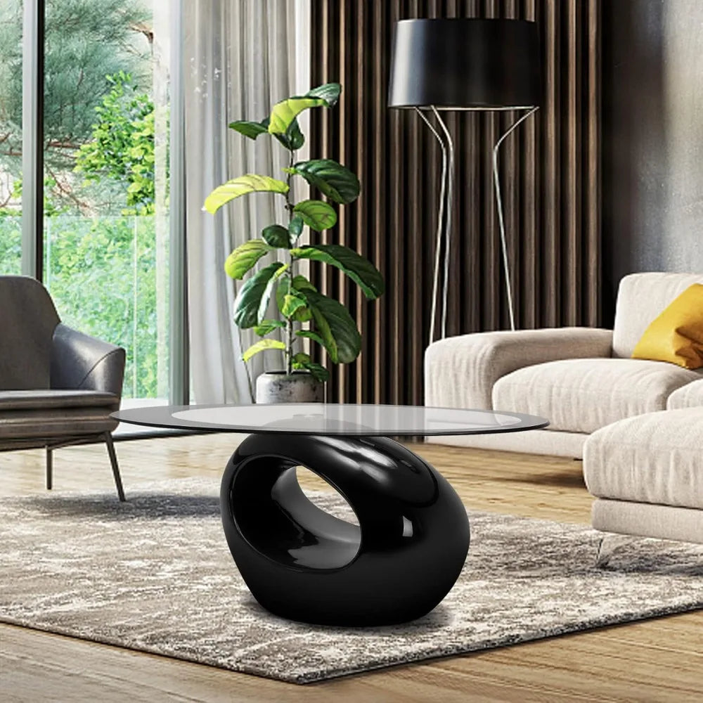 Oval Glass Coffee Table with High Gloss Hollow Base & Tempered Glass Top, Side Table for Living Room, Sitting Room, Black Uniqu