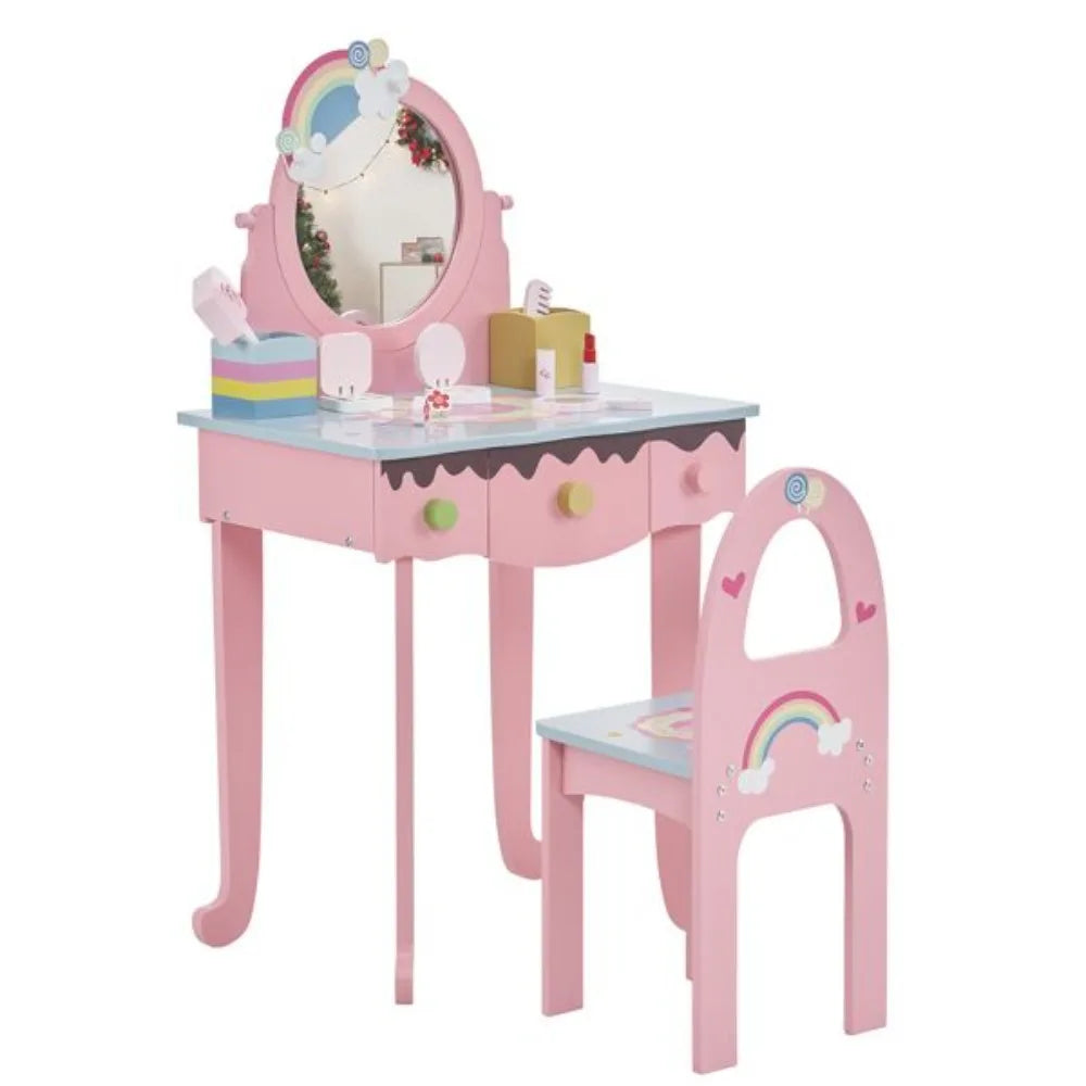 Kids Vanity Table and Chair Set with 7 Pieces Pretend Play Makeup Toys Mirror and Stool for Toddlers Girls Pink