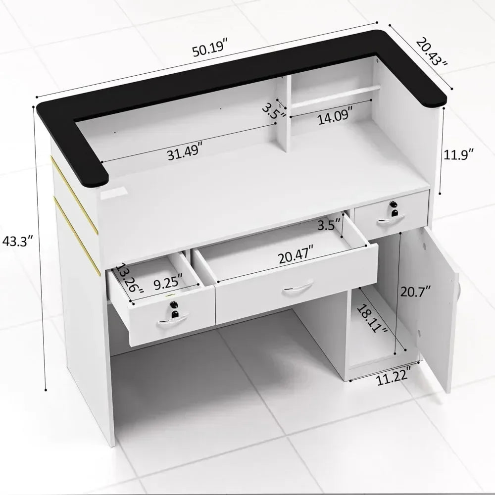 Reception Desk with Counter, 50-inch Checkout Counter with LED Lights Modern Front Table Equipped Lockers & Storage Shelves