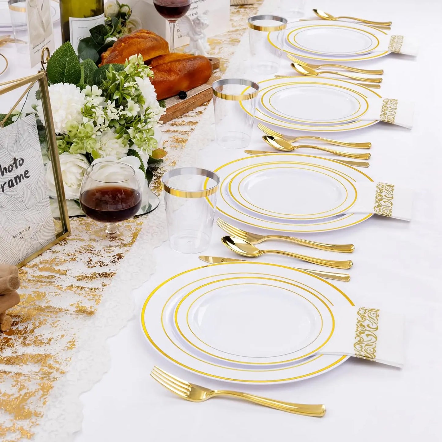 700 Pcs Gold Plastic Plates for 100 Guests - Party Supplies Includes 200 Gold Plastic Plates,300 Silverware,100 Napkins,100 Cups