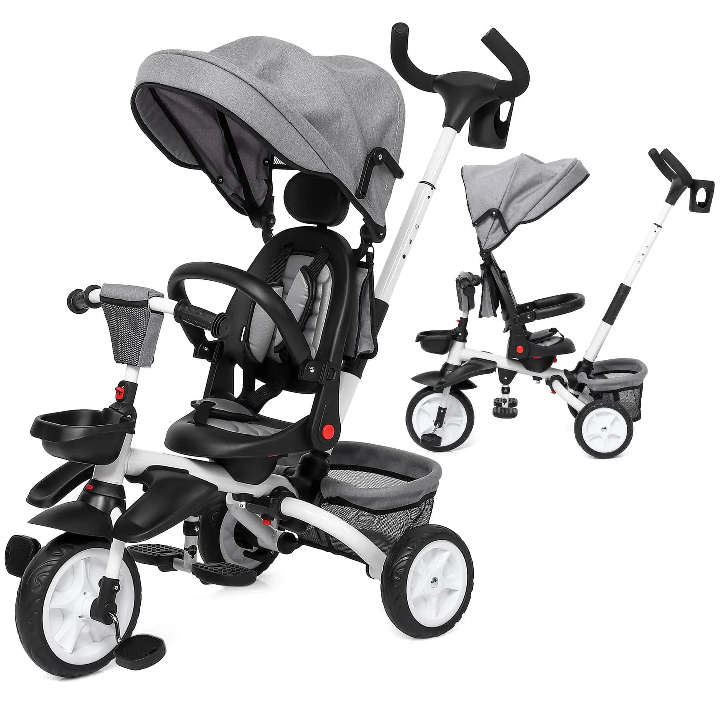 Foldable Baby Tricycle for Kids, 7 in 1 Toddler Tricycle Stroller for 1-5 Year Old, Baby Trike with Safety Harness, Adjustable