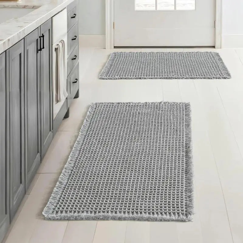 Grid Design Mat Set of 2 Non Slip Rectangle Mats Absorbent Rugs for Home Hotel Bathroom Kitchen Decor