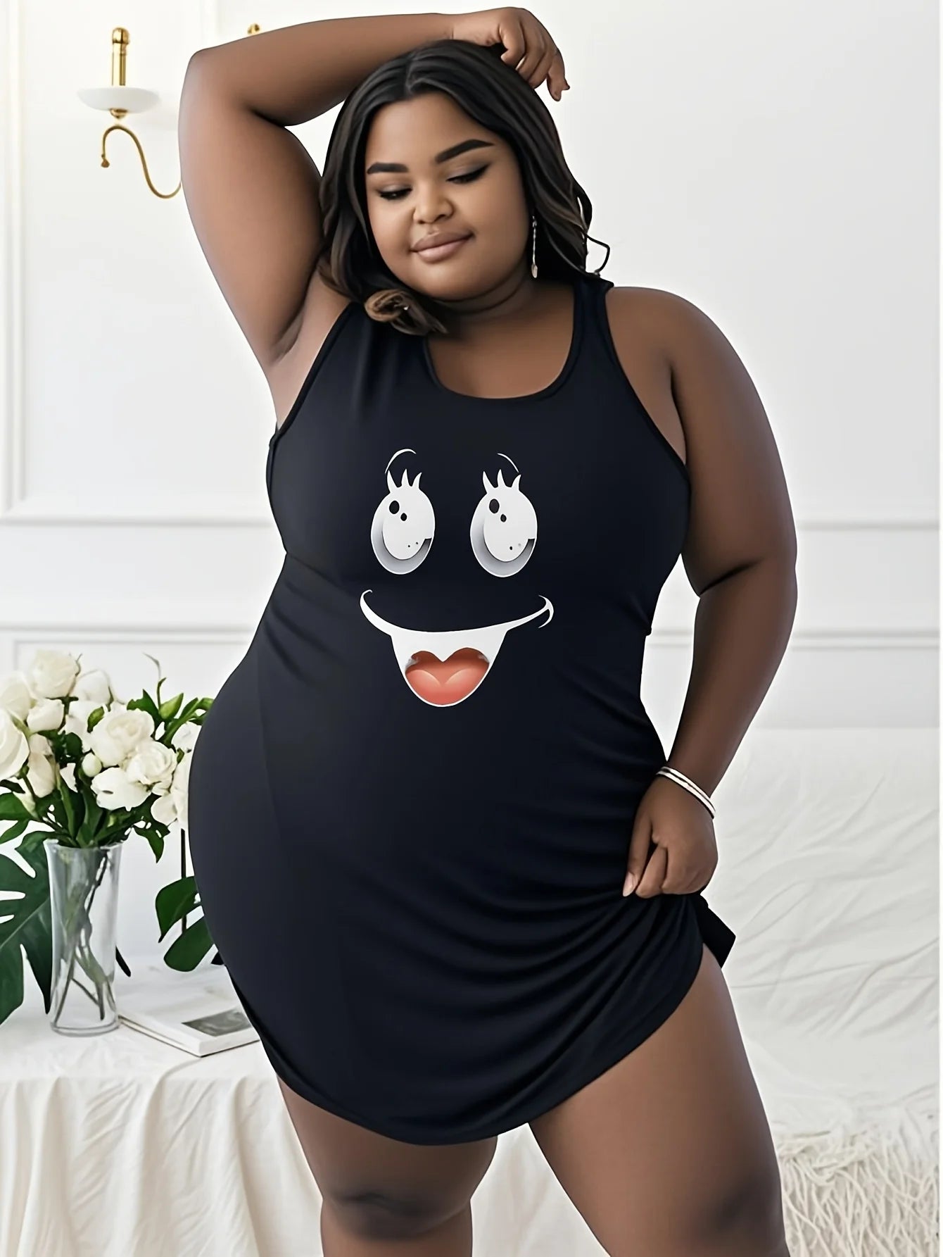 Lady Summer plus size smile Print On White printed t shirt dress Ghost smile Print On White