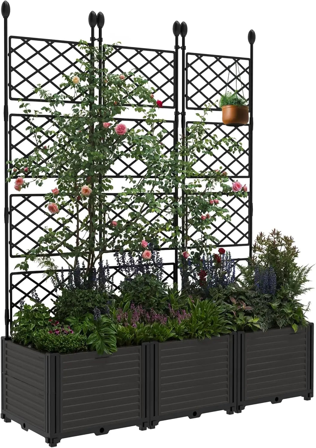 Plastic Planter Box w/ Trellis Rack 5.25FT Tall Raised Garden Bed Drainage for Outdoor Balcony Patio Flower Vegetable Planting