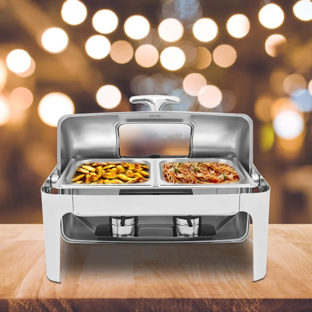 Roll Top Chafing Dish Buffet Set Stainless Steel Chafer with 2 Pot and 2 Alcohol Fuel Cans Rectangle Catering Warmer Server