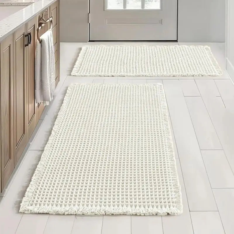 Grid Design Mat Set of 2 Non Slip Rectangle Mats Absorbent Rugs for Home Hotel Bathroom Kitchen Decor