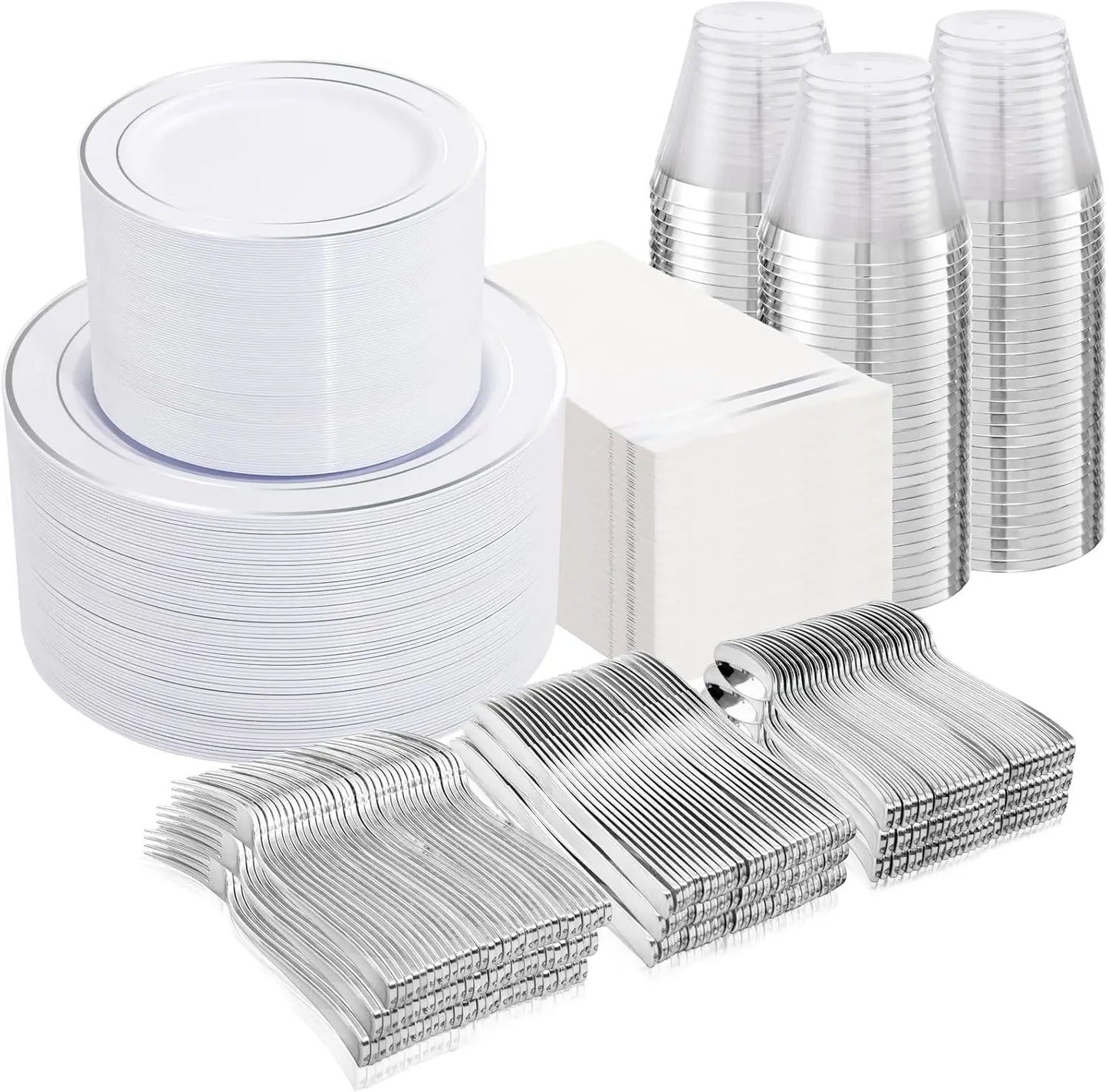 700 Pcs Gold Plastic Plates for 100 Guests - Party Supplies Includes 200 Gold Plastic Plates,300 Silverware,100 Napkins,100 Cups