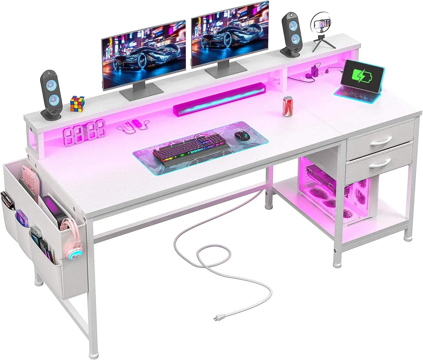 Computer Desk with Drawers & Storage Bag, Office Desks with Power Outlets & Monitor Stand, Home Office Desks for Bedroom