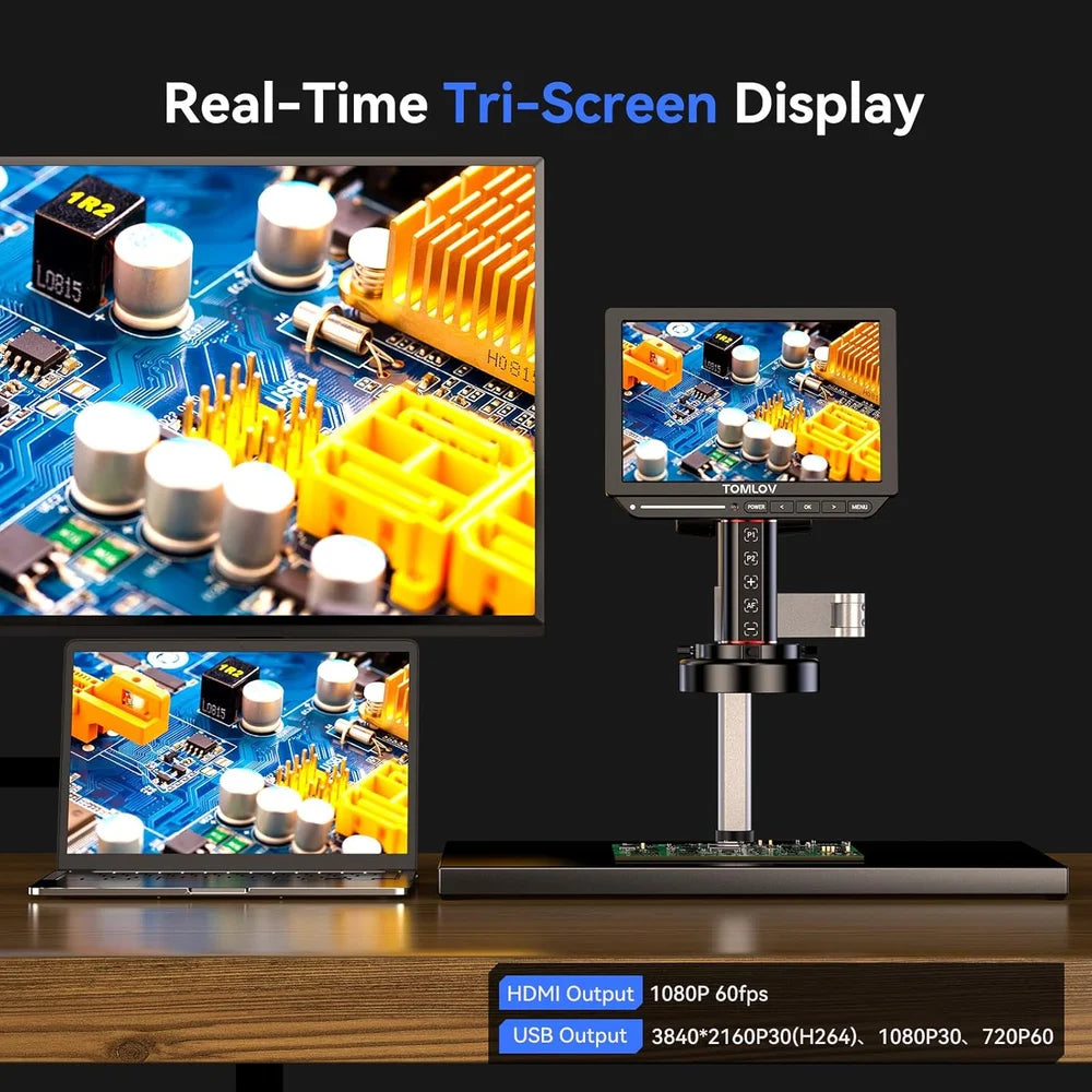 TOMLOV 4K Digital Microscope For Soldering TM4K Flex Arm 2000X HDMI Microscope Electronics Repair 10" LCD Coin Microscopio 64GB