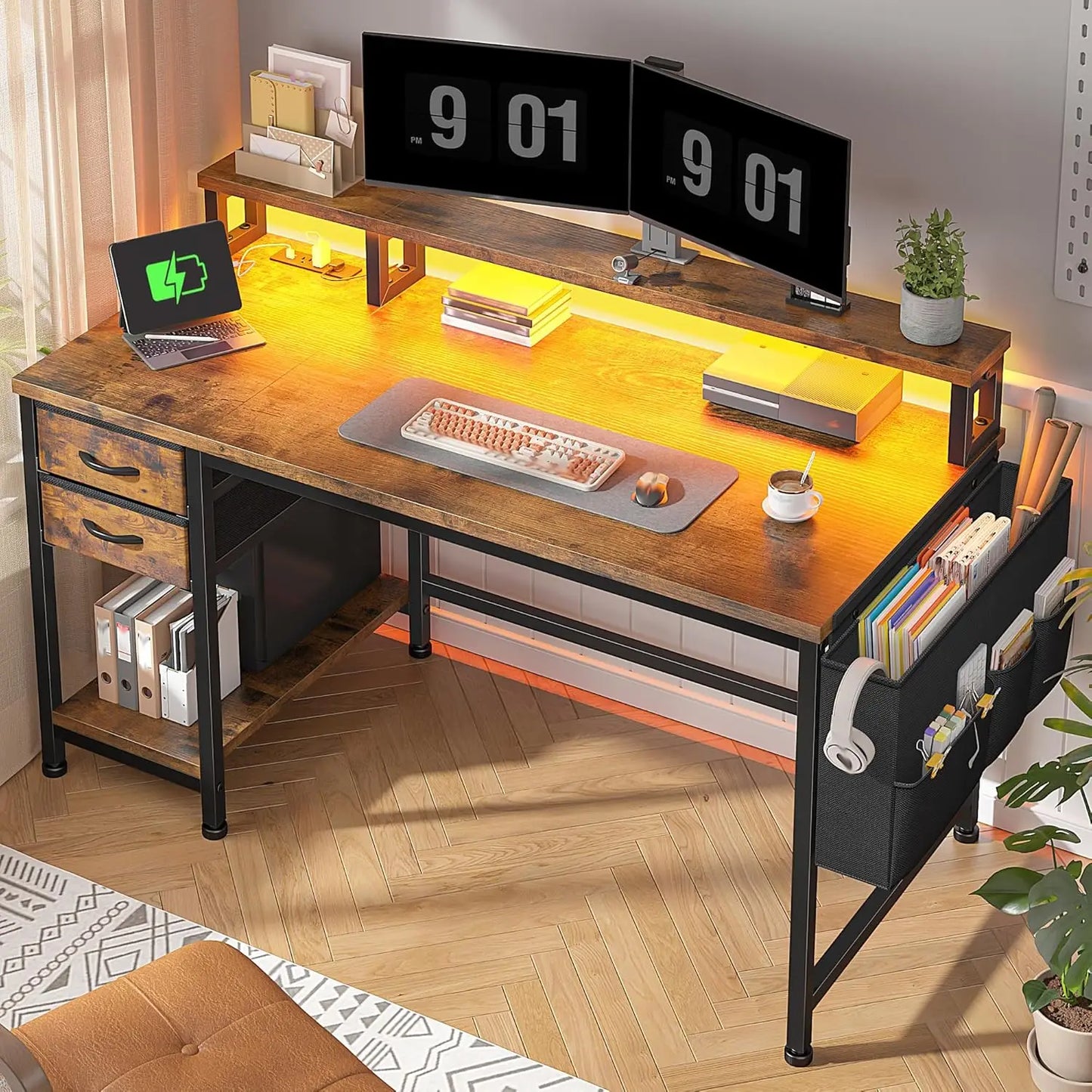 Computer Desk with Drawers & Storage Bag, Office Desks with Power Outlets & Monitor Stand, Home Office Desks for Bedroom