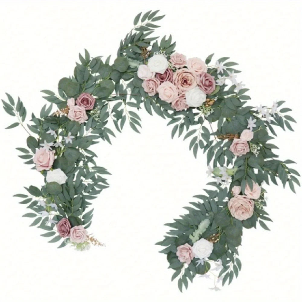5.9ft Eucalyptus Willow Leaf Garland with Flower, Handcrafted Wedding Sweetheart Table Centerpieces Arch Backdrop Decorations
