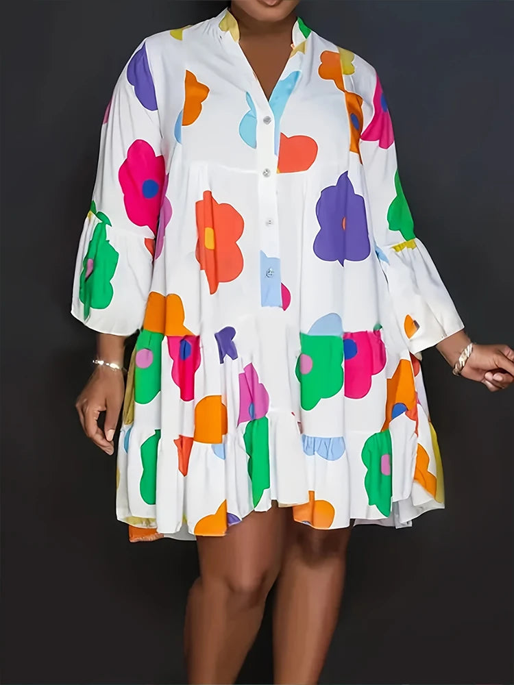 Plus Size 2025 Autumn New Floral Printed Women's Dresses Casual Loose Button Fashion Streetwear Polyester V-Neck Pleated Dresses