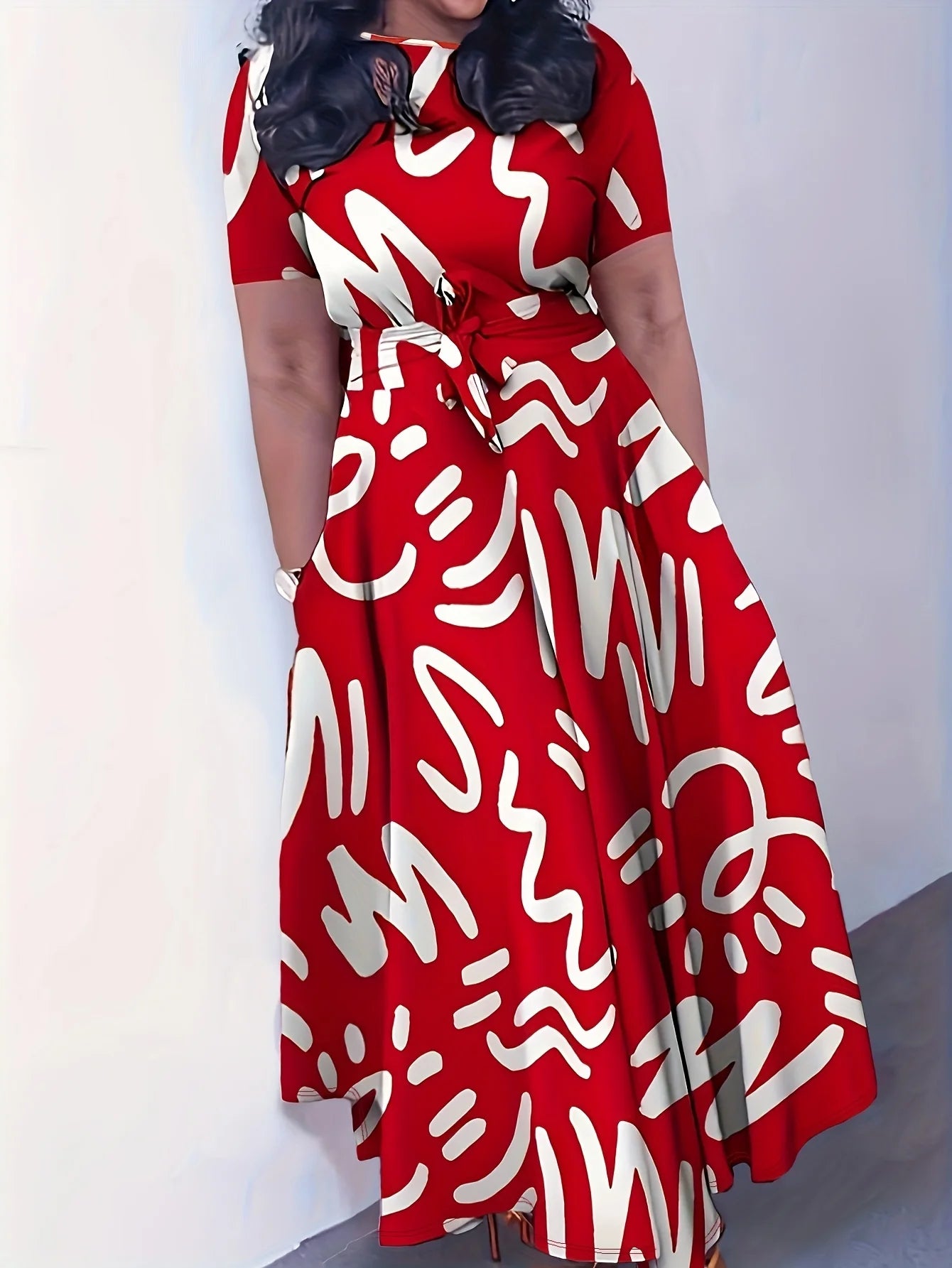 Casual Printed Patchwork O Neck Short Sleeve Dress Plus Size Dress