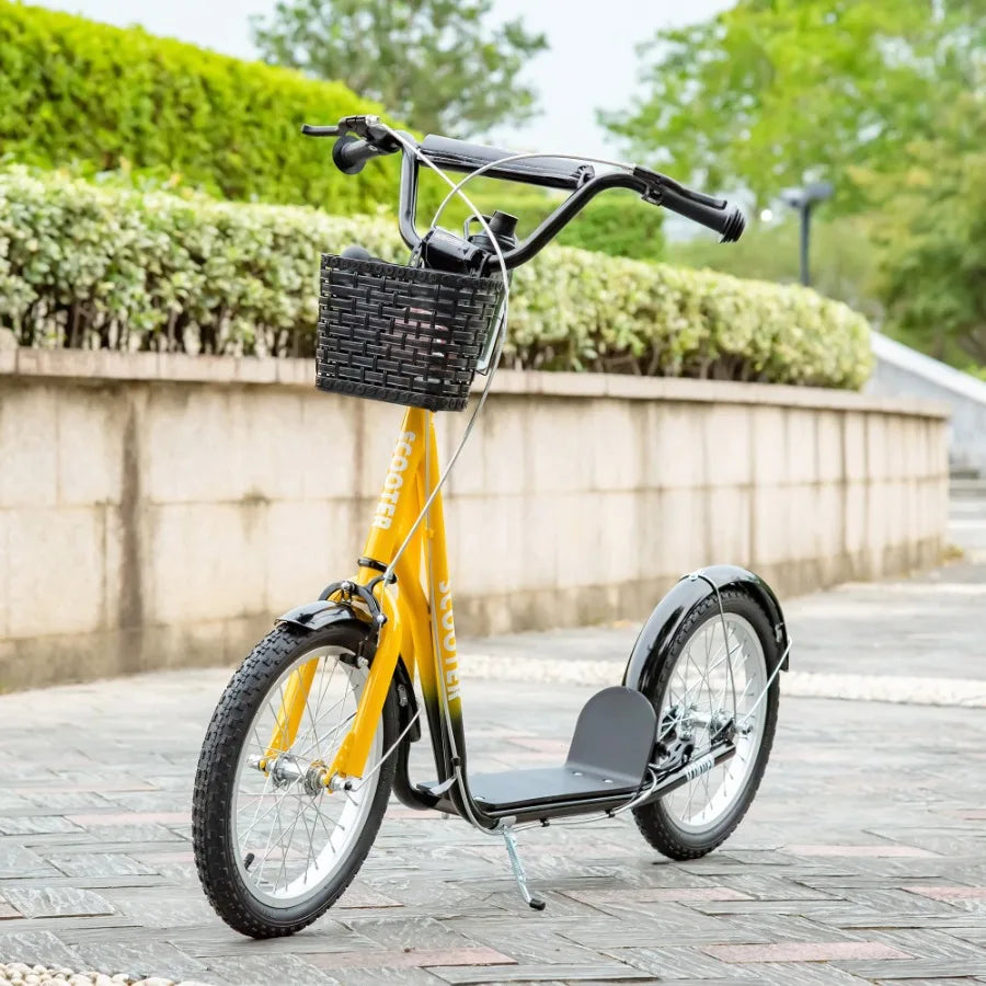Aosom Youth Scooter Kick Scooter with Adjustable Handlebars Double Brakes 16 Inflatable Rubber Tires Basket Cupholder Orange