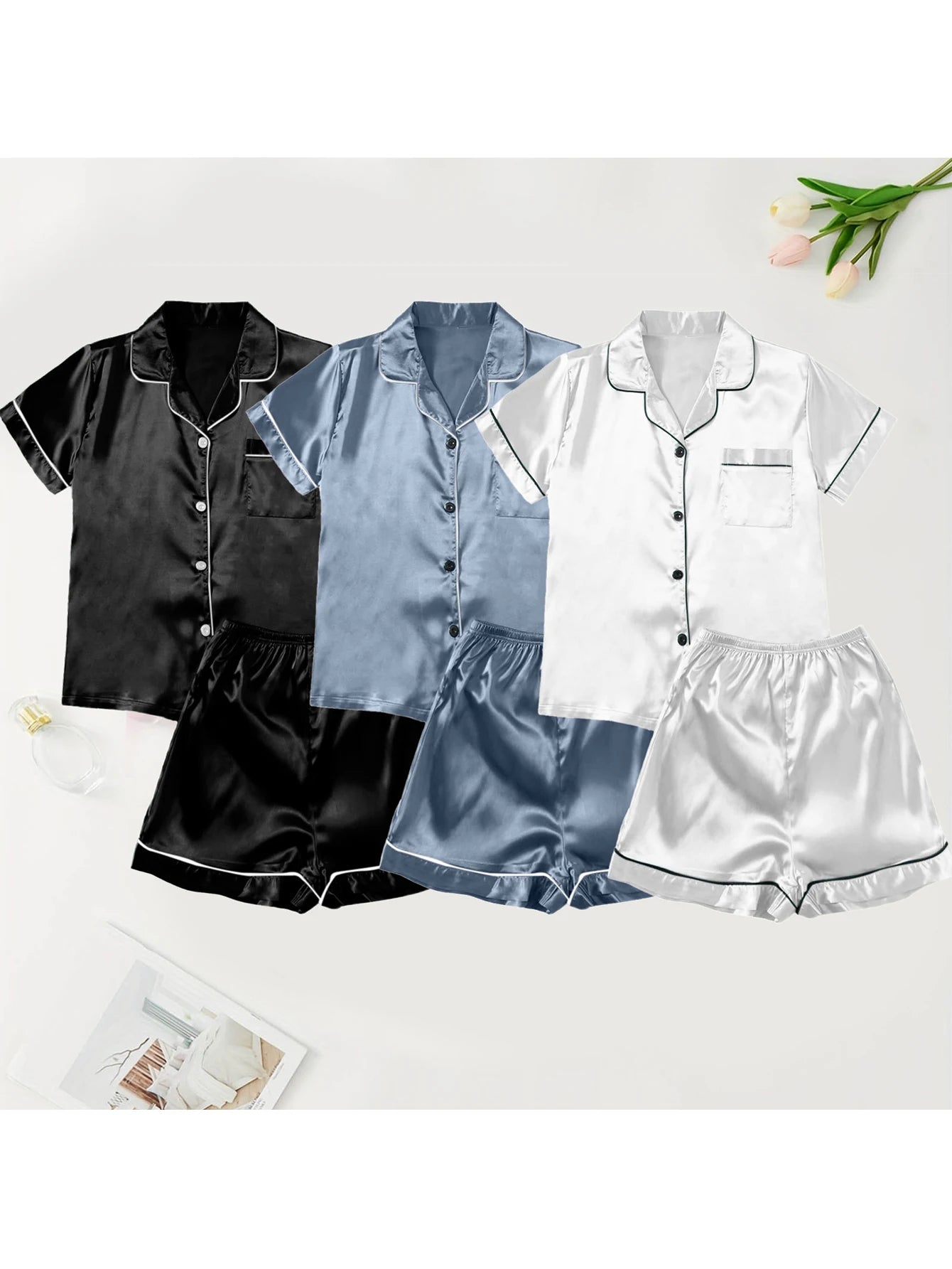Women Pajamas Ice Silk Multi-Piece Nightgown Summer Set Comfortable Home Wear Black+Blue+White XXXL