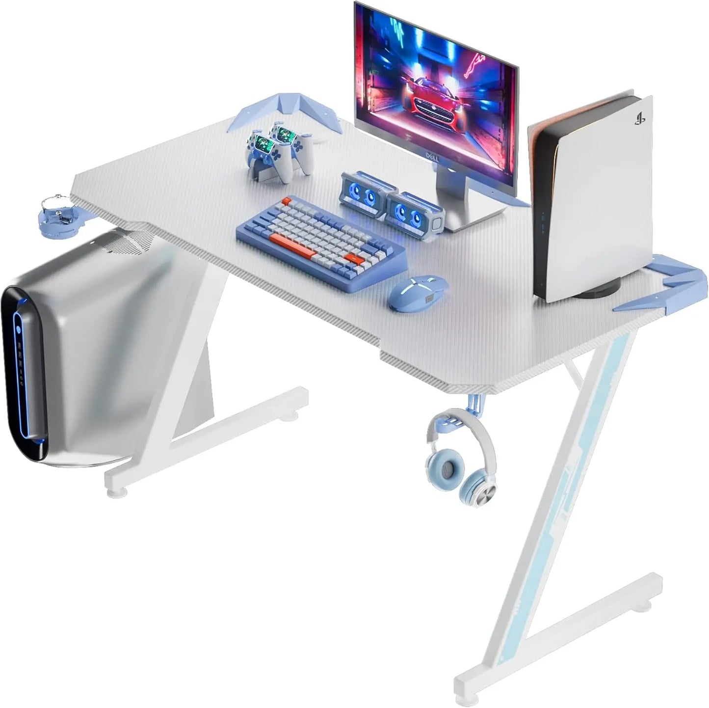 Gaming Computer Desk with Carbon Fiber Surface, Gaming Table Z Shaped PC Home Office with Cup Holder&Headphone Hook