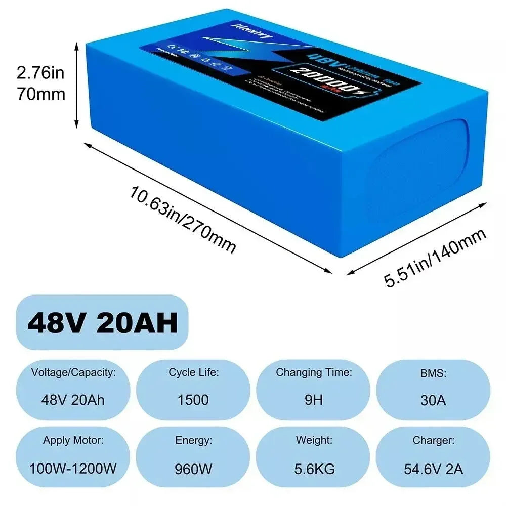 Aleaivy 36V 48V Electric Bike Lithium Battery Pack 10,14,20Ah Li ion Ebike Battery for Bicycle Scooter Motorcycle with Charger