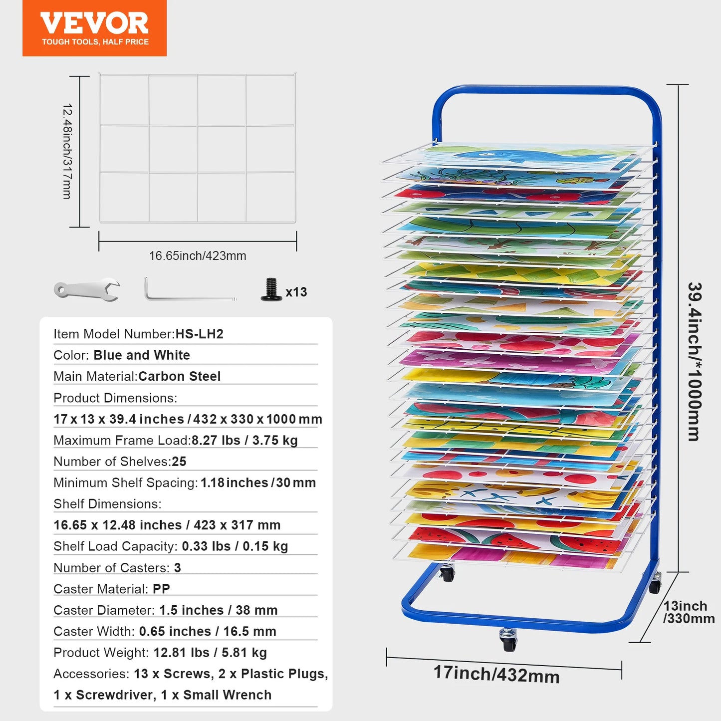 SucceBuy Art Drying Rack 25 Removable Shelves Paint Drying Rack With Lockable Wheels Carbon Steel Painting Drying Rack