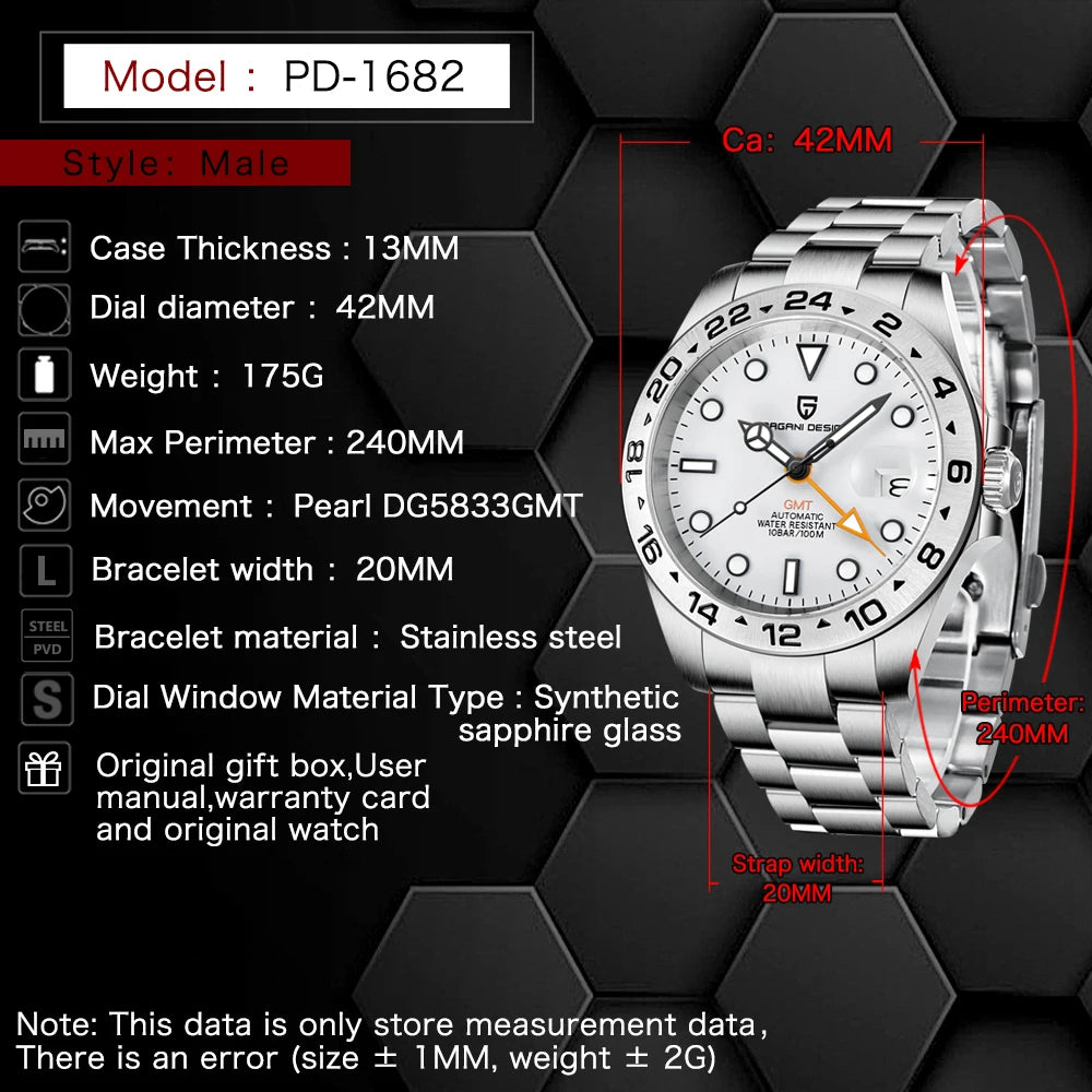 PAGANI Design 2025 New 42MM GMT Watch Men's Automatic Mechanical Watches Sapphire Stainless Steel Waterproof Watch Reloj Hombre