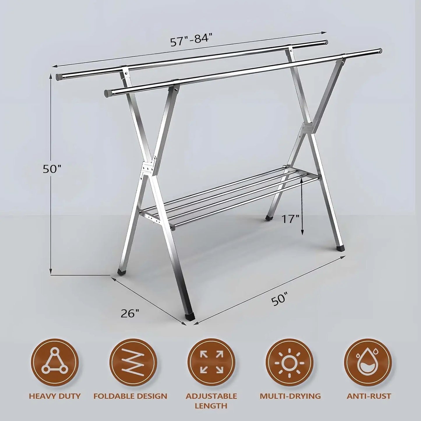 Clothes Drying Rack 2 Tiers Heavy Duty Foldable Stainless Steel Indoor Outdoor Laundry Drying Rack