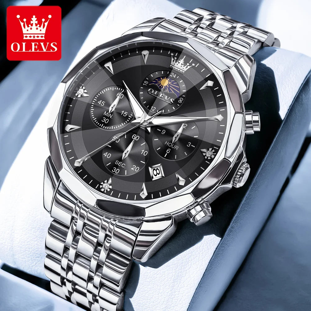 OLEVS 3673 Mens Watch Business Brand Quartz Watches Multifunctional Chronograph Waterproof Moon Phase Watch Mens Gifts Original