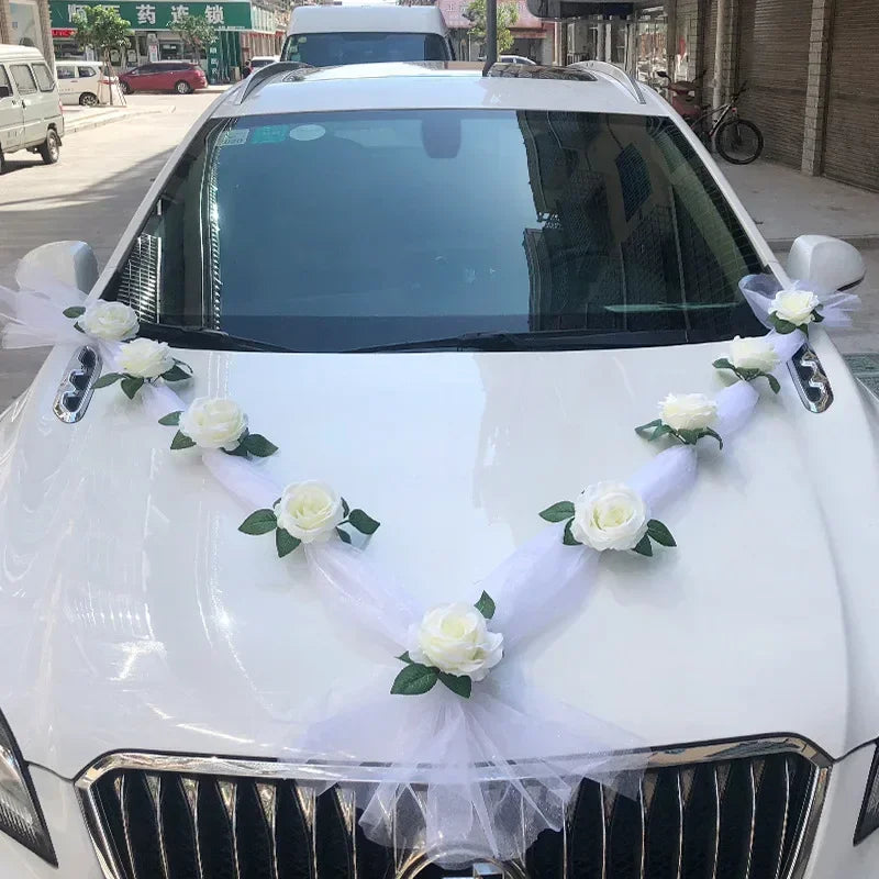 White Rose Artificial Flower for Wedding Car Decoration Bridal Car Decorations Door Handle Ribbons Silk Flower 11pcs Flowers