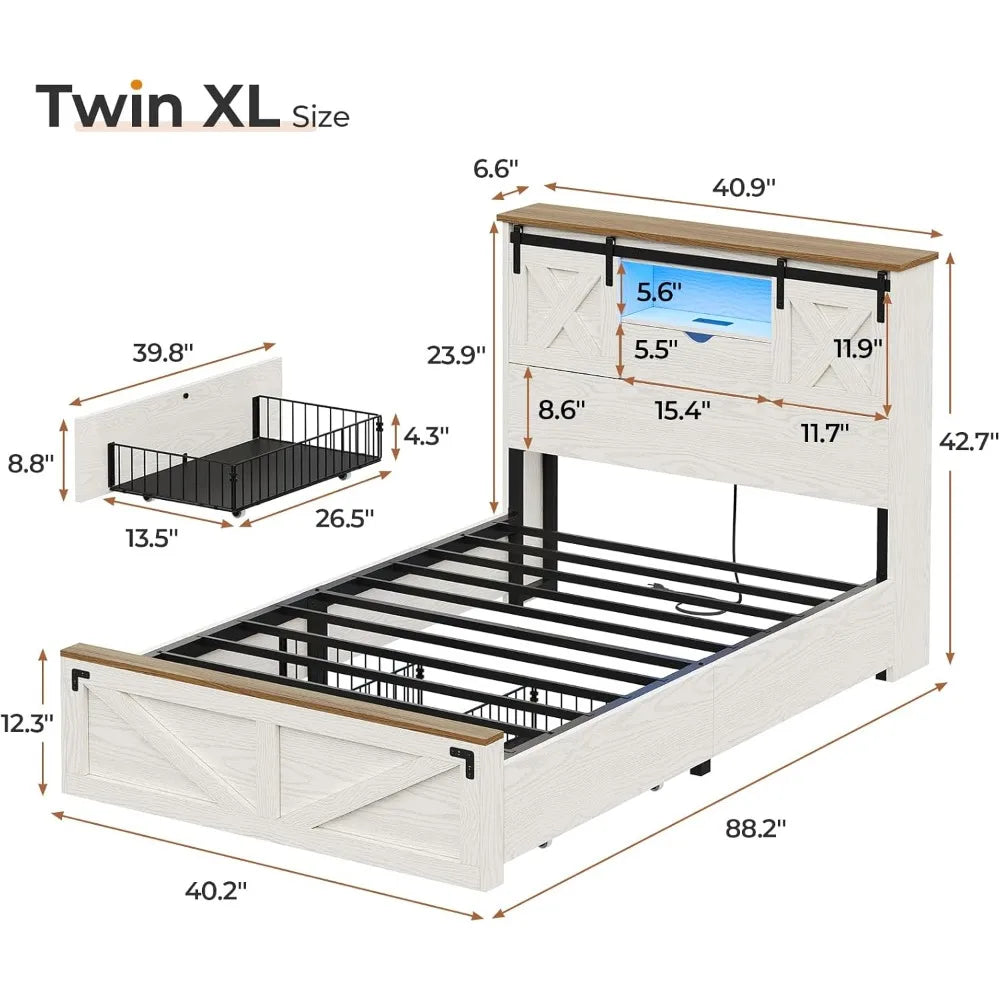 Hasuit Farmhouse Bed Frame Twin XL Size with 2 Storage Drawers, Wooden Platform Twin XL Bed with LED Lights and Charging Station