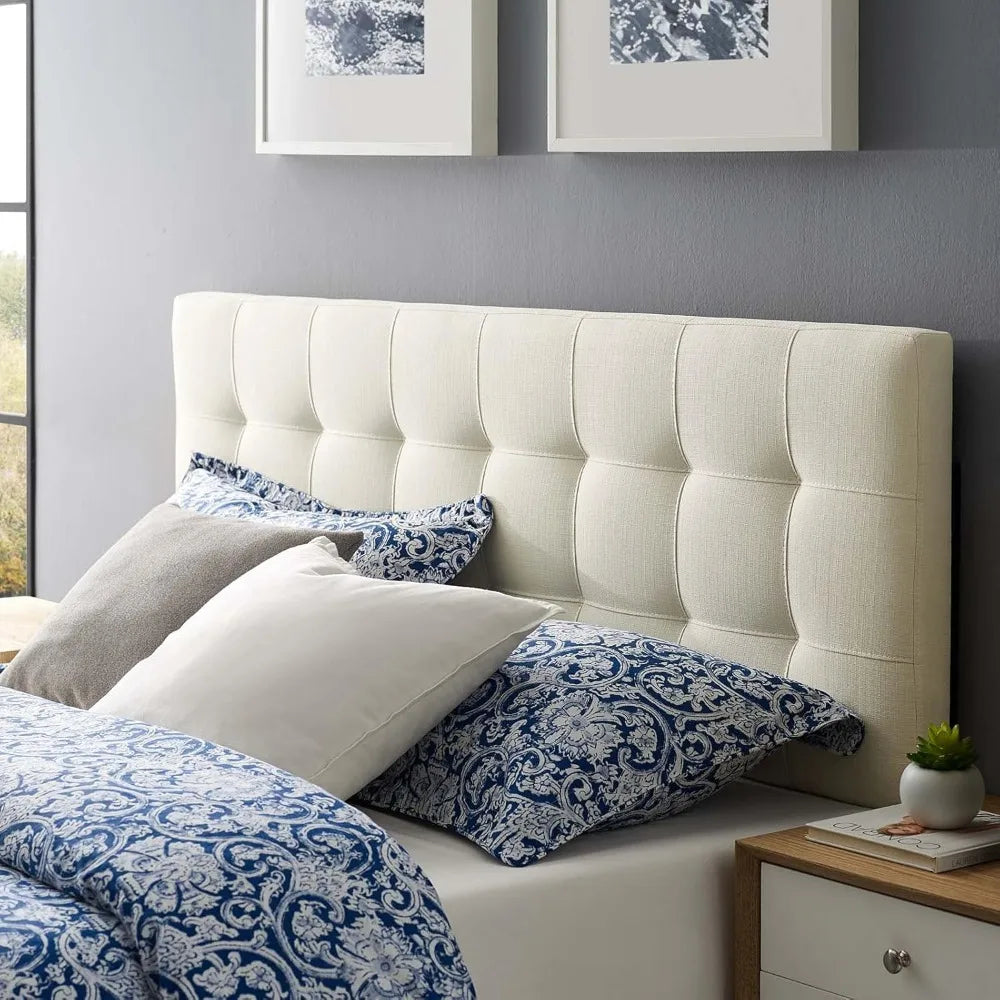 Lily Tufted Linen Fabric Upholstered King Headboard in Ivory