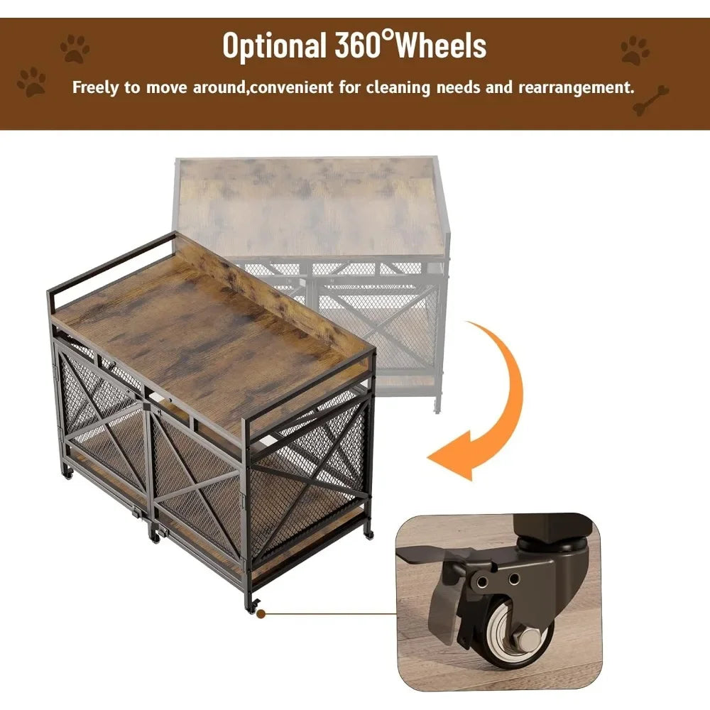 Large Dog Crate Furniture, 48 Inch Heavy Duty Dog Kennel for Large Breeds, Wooden Dogs Cage with Wheels,