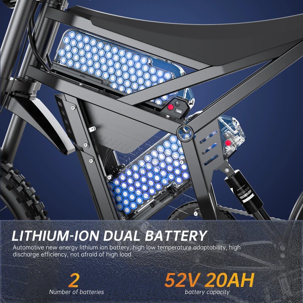 electric bike for Adults, Dual Battery, Peak 2900W 52V, Dual 20Ah, 25inchTires,off-road Mountain E-Bike, Electric Bicycle