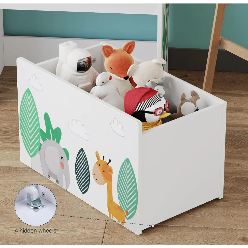 Toy Storage Organizer, Toddler Wooden Kid Bookshelf with 10 Fabric Bins and Movable Toy Chest, 4-Tier Toy Storage Cabinet for Pl
