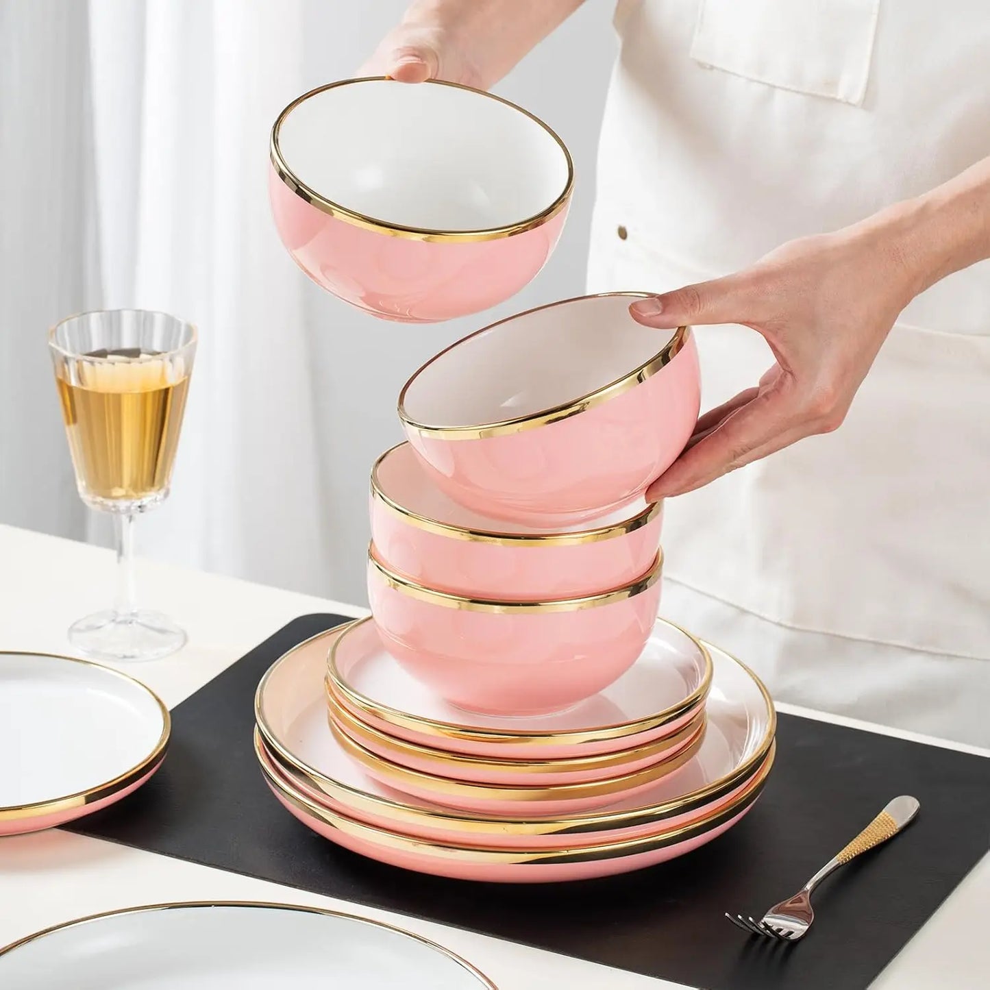 Pink Dinnerware Sets for 4 Ceramic, 16-Piece Luxury Plates and Bowls Sets with Gold Rim, Modern Dish Set for Wedding Christmas A