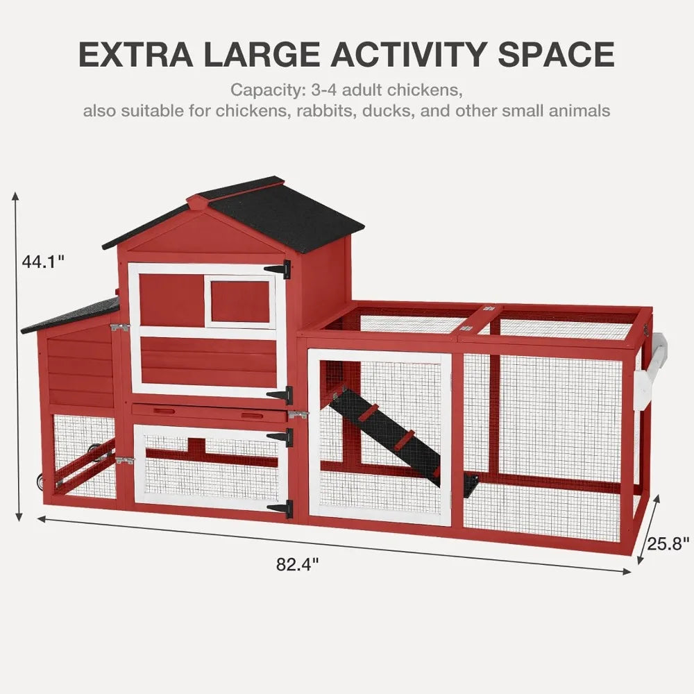 Chicken Coop for Outdoor - Poultry Cage with Wheels, Nesting Box, Leakproof Pull-on Tray, and Asphalt Waterproof Roof - Red