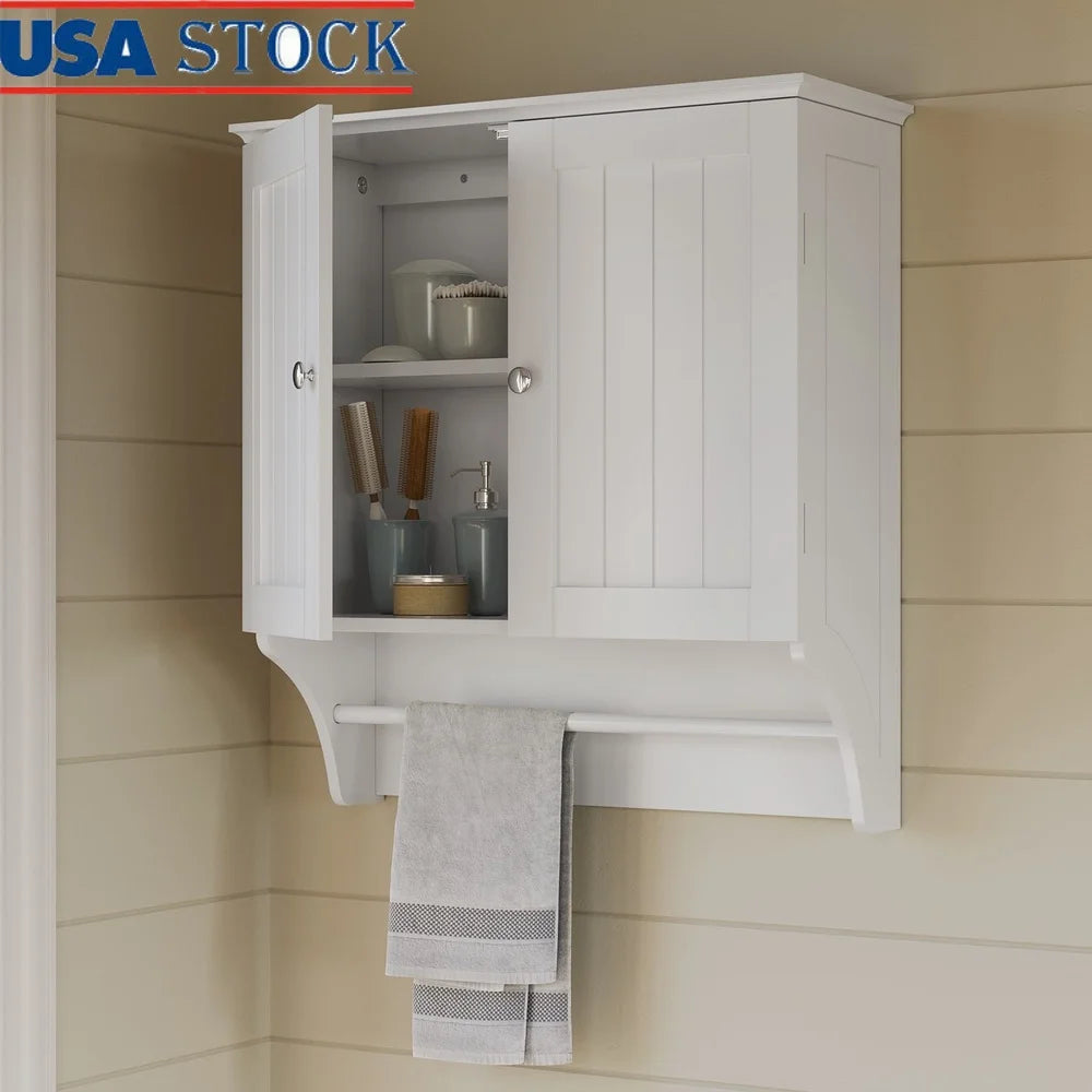 Two Door Wall Mount Bathroom Cabinet Storage with Towel Bar Mirrored Knobs Medicine Cabinet Laundry Room Organizer White